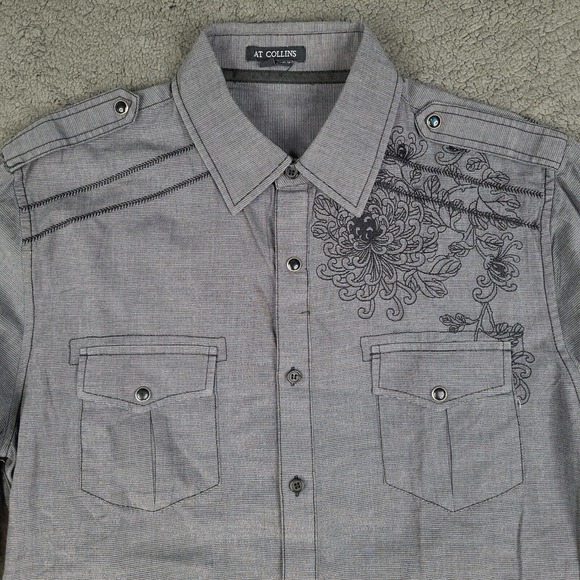 At Collins Shirt Men's Large Gray Striped Embroidered Floral Long Sleeve - Picture 2 of 10